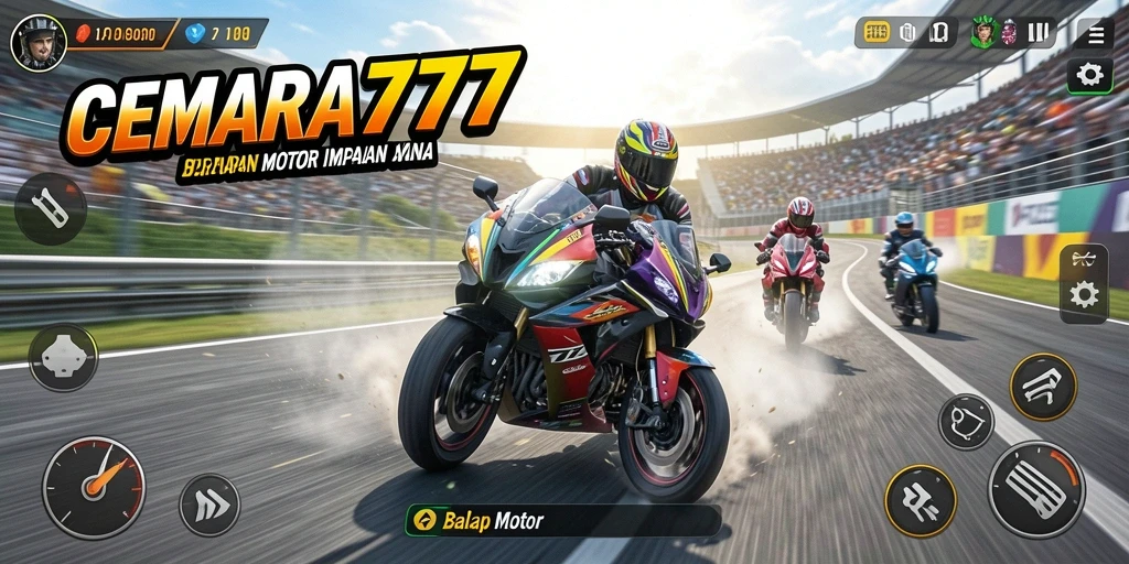 Antarmuka utama CEMARA777 menampilkan aksi balap motor yang seru.