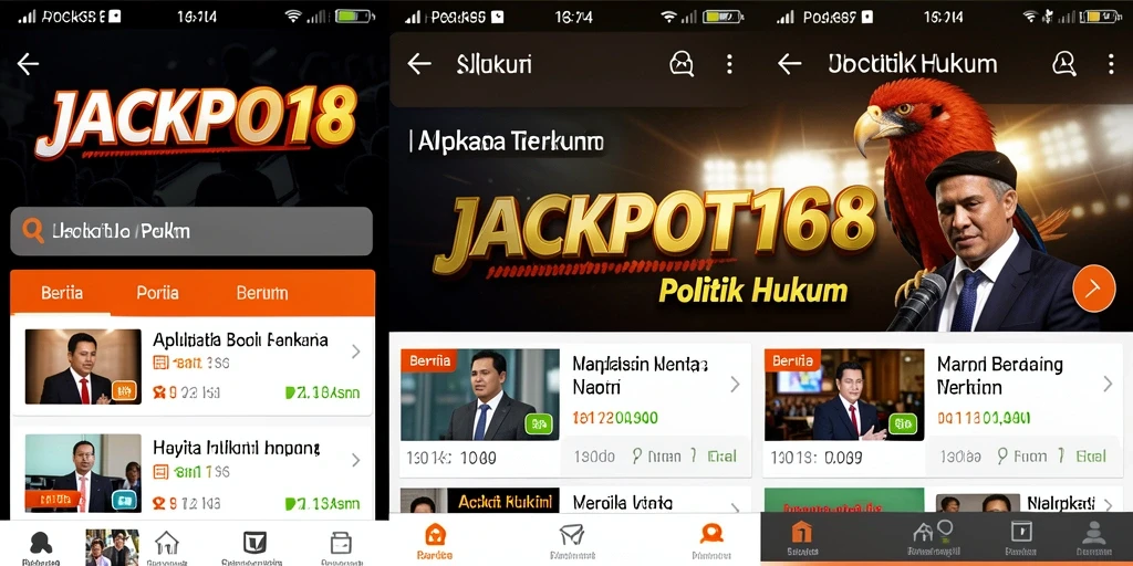 Tampilan antarmuka aplikas JACKPOT168 dengan berita politik dan hukum.